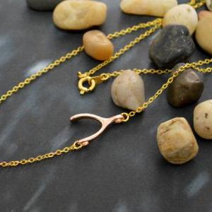 Sideways Wishbone Necklace, Rose Gold,gold Plated,..