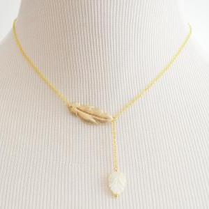 Asymmetric Feather Pendant Necklace, Seashell Leaf..