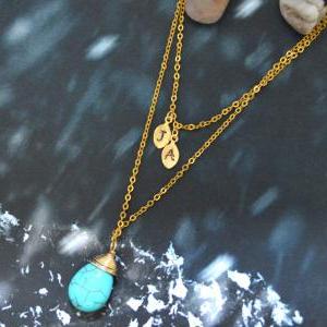Layered Initial Leaf Necklace, Turquoise Drop..