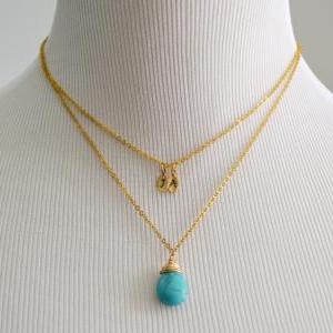 Layered Initial Leaf Necklace, Turquoise Drop..