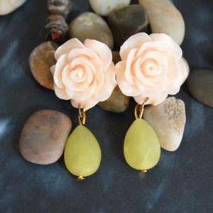Flower Cabochon Earrings, Jade Drop Earring, Gold..