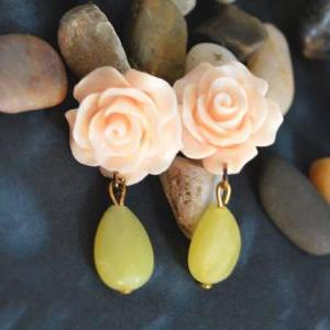 Flower Cabochon Earrings, Jade Drop Earring, Gold..