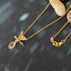 Initial Leaf Necklace, Mini Bird Necklace, Gold..