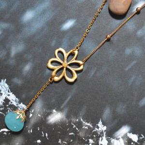 Flower Pendant Aqua Drop Necklace, Gold Plated..