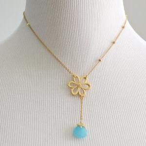 Flower Pendant Aqua Drop Necklace, Gold Plated..