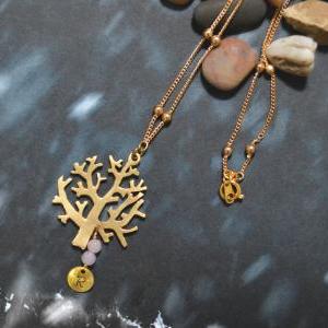 Initial Disc Necklace, Tree Necklace, Gold Plated..