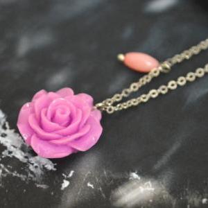 Flower rose cabochon necklace, Pink..