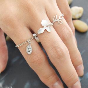 E-009 Personalized Initial Ring, Leaf Ring, Chain..