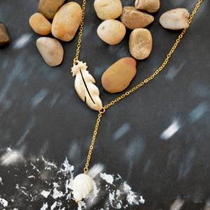 A-062 Feather Pendant Necklace, Seashell Leaf..