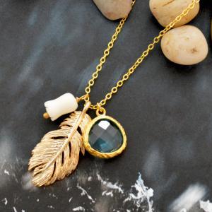 A-062 Feather Pendant Necklace, Seashell Leaf..
