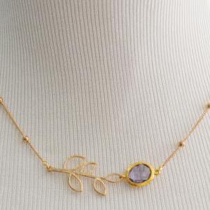 ) A-044 Leaf Pendant Necklace, Glass Tanzanite..