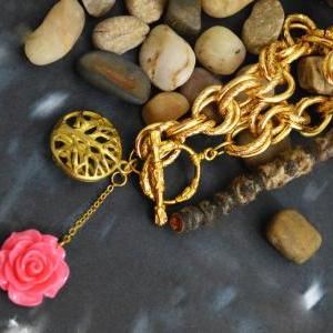 ) C-001 Pink Cabochon Bracelet, Brass Tree Charm..