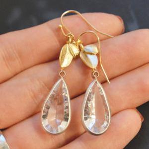 ) B-018 Leaf Earrings, Bezel Set Crystal Drop..