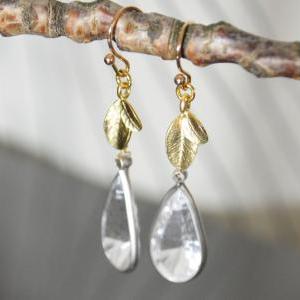 ) B-018 Leaf Earrings, Bezel Set Crystal Drop..