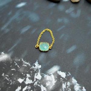 E-034 Mint Glass Ring, Gold Framed Ring, Chain..