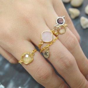 E-034 Mint Glass Ring, Gold Framed Ring, Chain..
