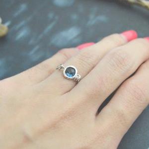 E-028 Blue Glass Ring, Silver Frame Ring, Chain..