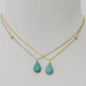 A-108 Turquoise Drop Necklace, Metal Beads..