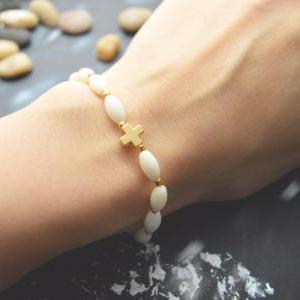 C-073 Rosary Bracelet, White Coral, Seed Beads..