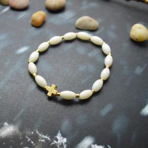 C-073 Rosary Bracelet, White Coral, Seed Beads..