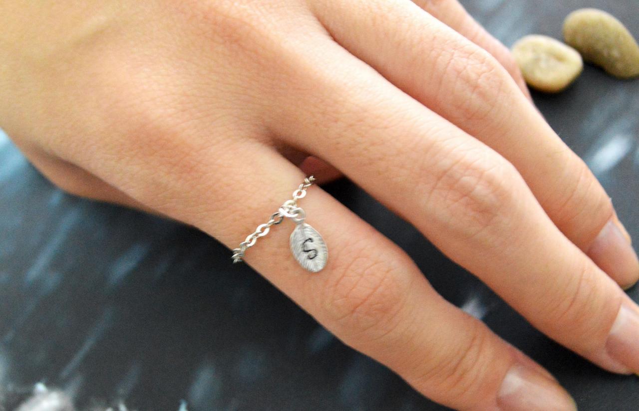 Initial ring, Chain ring, Leaf ring, Simple ring, Modern ring, Silver plated ring/Everyday/Gift/