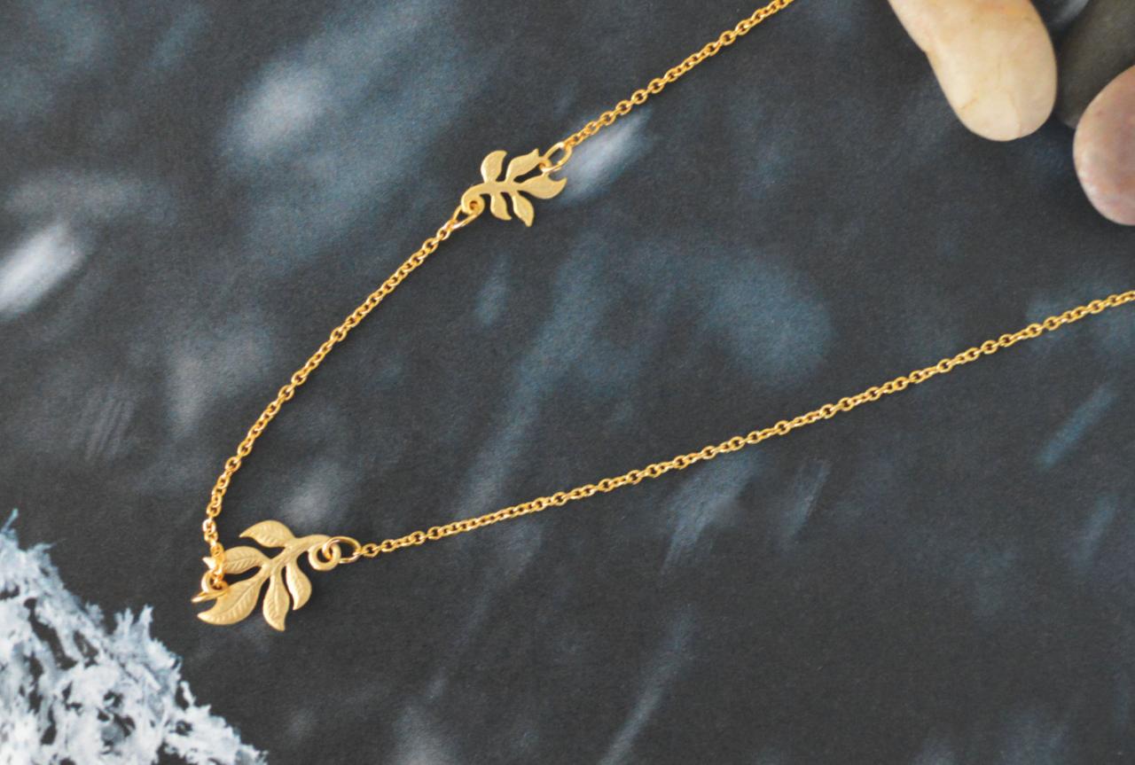 Sale10%) A-024 Two Leaves Connector Necklace, Modern Necklace, Simple Necklace, Gold Plated Flat-o Chain/bridesmaid Gifts/everyday Jewelry/