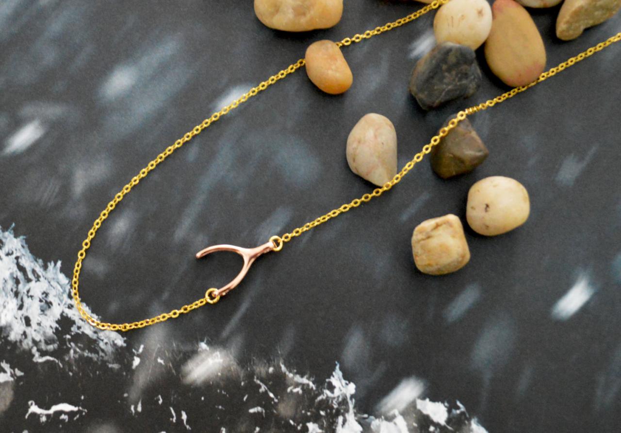 Sideways Wishbone Necklace, Rose Gold,gold Plated, Unbalanced Necklace, Wishbone Necklace, /bridesmaid/gifts/everyday Jewelry/