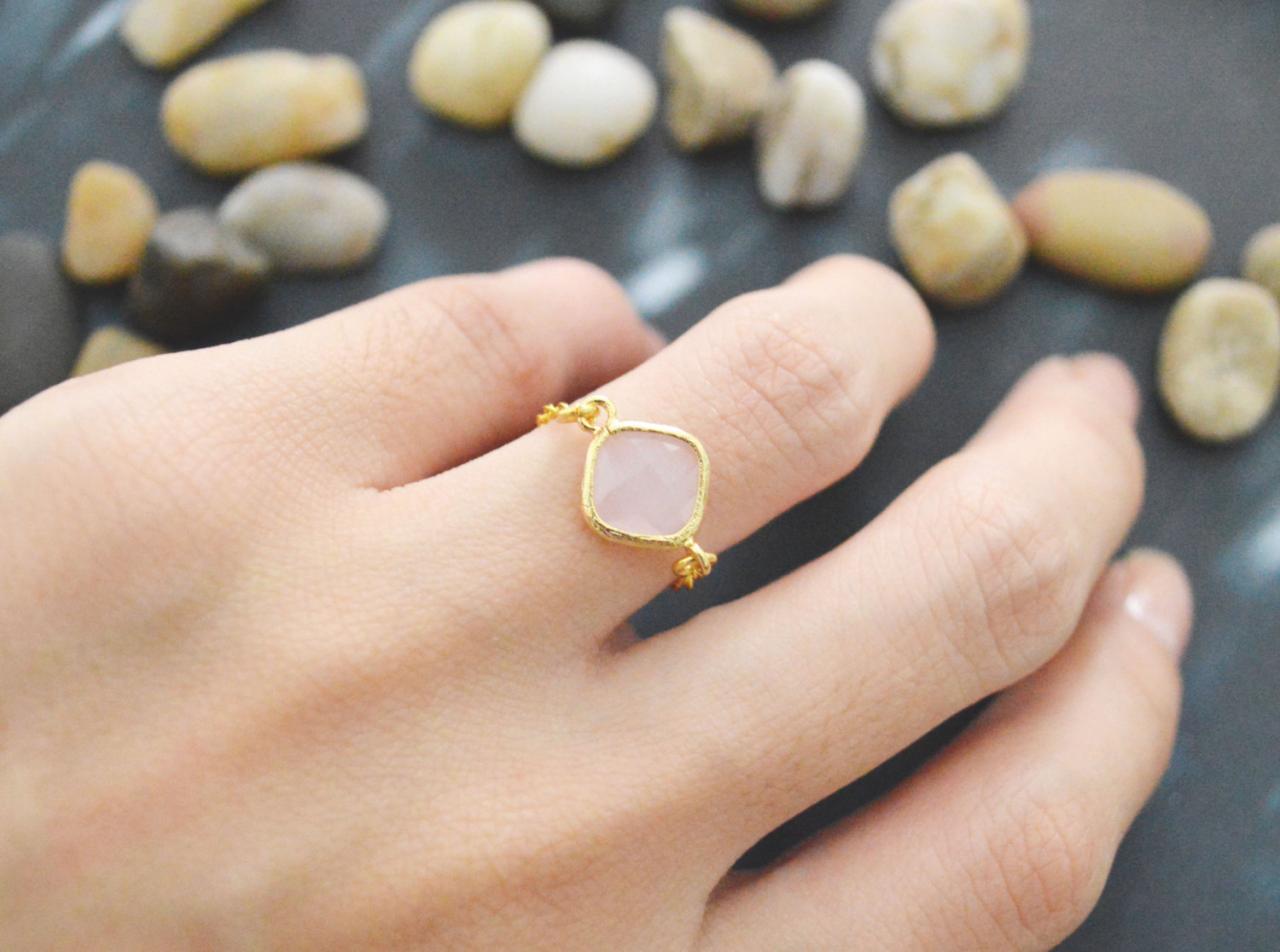  Chain ring, Gold Frame ring, Ice Pink Glass ring, Simple ring, Modern ring, Gold plated ring/Everyday/Gift/