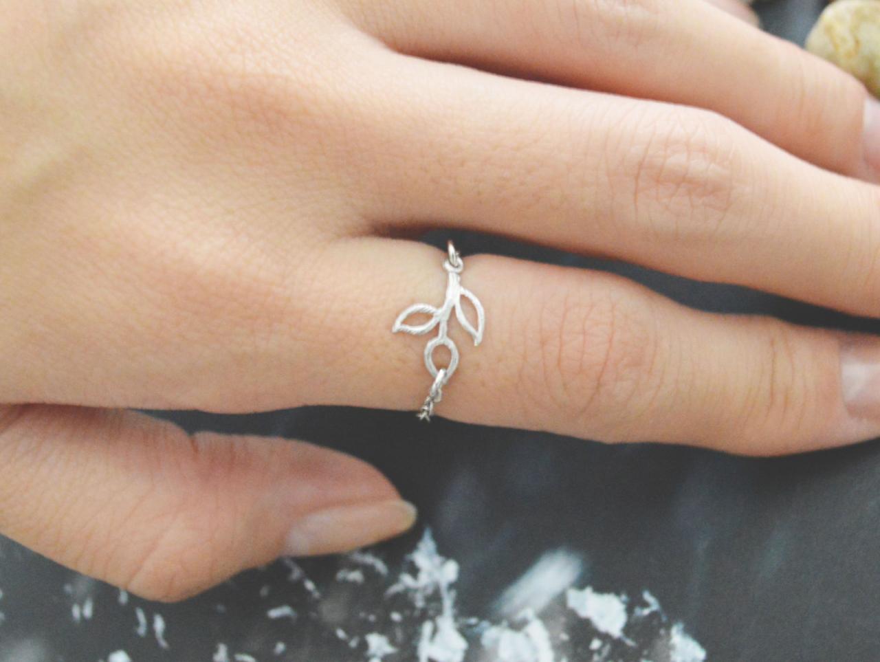 Chain ring, Small Leaf ring, Pendant ring, Simple ring, Modern ring, Silver plated ring/Everyday/Gift/