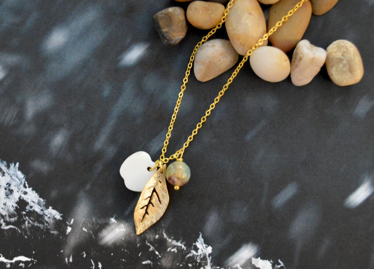 Dangle Necklace, Leaf Necklace, Seashell Apple Necklace, Stone Necklace, Gold Plated Chain/everyday Jewelry /special Gift/