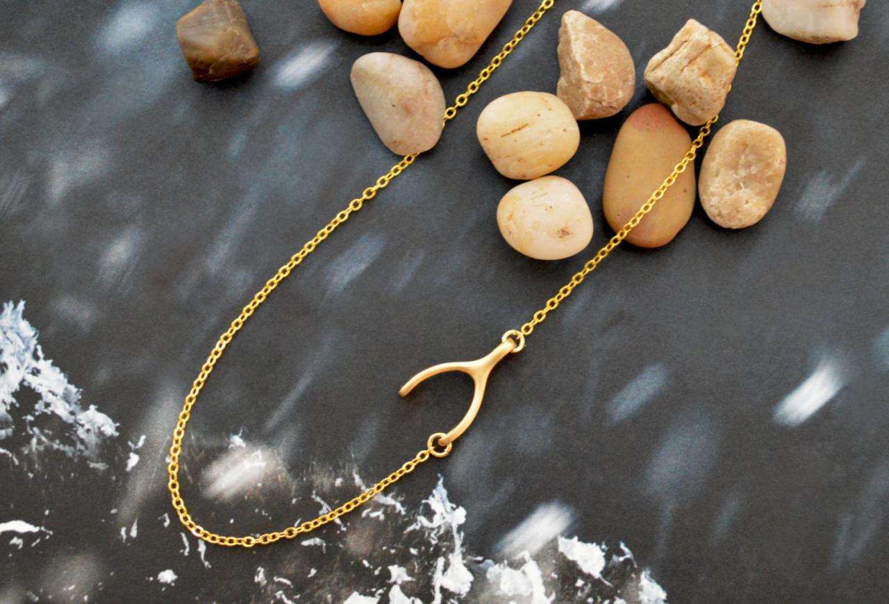 Sideways Wishbone Necklace, Unbalanced Necklace, Wishbone Necklace, Gold Plated Chain/bridesmaid/gifts/everyday Jewelry/