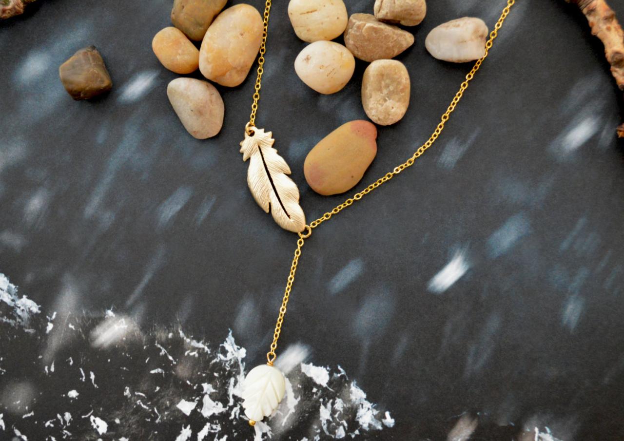 Asymmetric Feather Pendant Necklace, Seashell Leaf Necklace, Gold Plated Necklace/bridesmaid Gifts/everyday Jewelry/