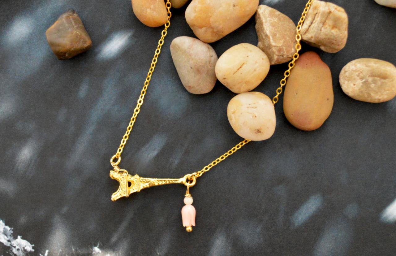 Eiffel Tower Necklace, Coral Flower Necklace, Gold Plated Necklace/bridesmaid Gifts/everyday Jewelry/