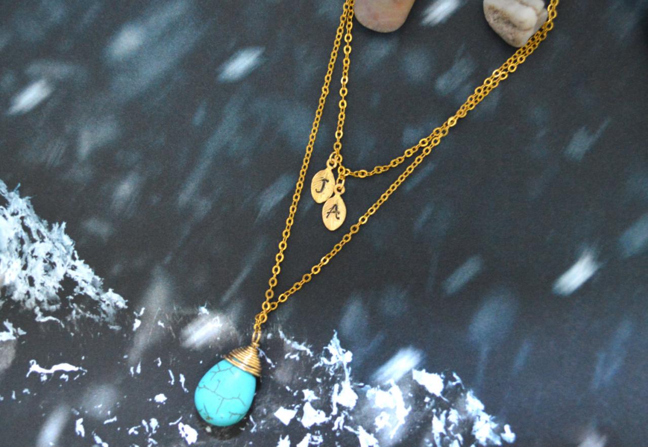 Layered Initial Leaf Necklace, Turquoise Drop Necklace, Double Strand, Gold Plated/everyday Jewelry/