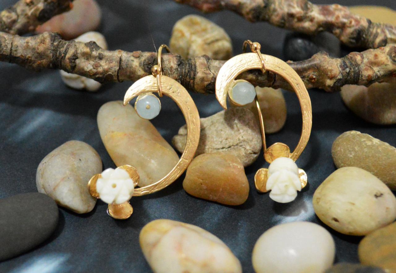 Sale10%) B-057 Pendant Earrings, Gemstone Earrings, Flower Earrings, Gold Plated Earrings /bridesmaid Gifts/everyday Jewelry/