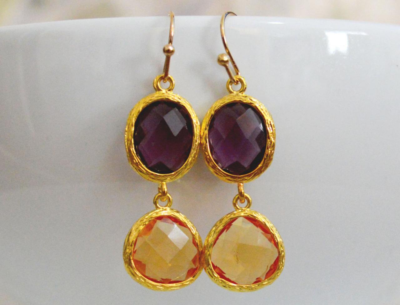 Glass Drop Earrings, Amethyst & Topaz Drop Earrings, Dangle Earrings, Gold Plated Earrings/bridesmaid Gifts/everyday Jewelry/