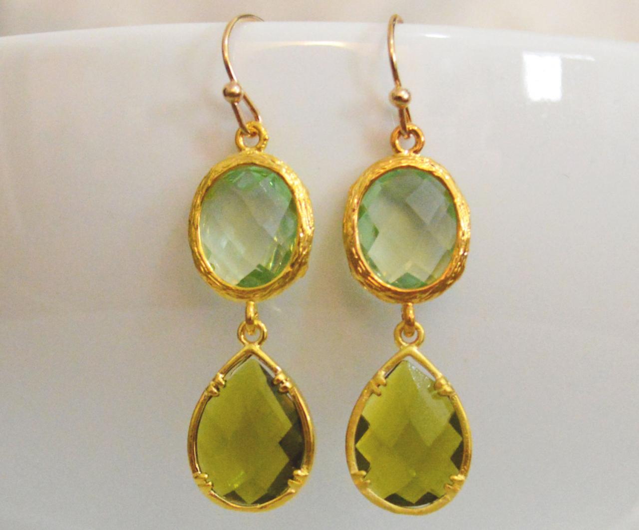Glass Drop Earrings, Chrysolite & Khaki Drop Earrings, Dangle Earrings, Gold Plated Earrings/bridesmaid Gifts/everyday Jewelry/