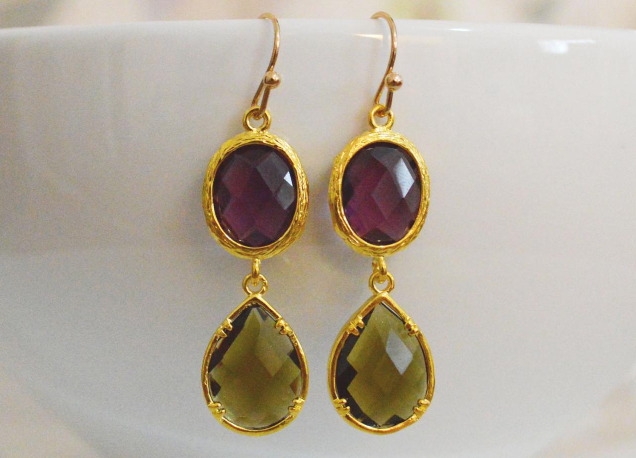 Glass Drop Earrings, Amethyst & Morion Drop Earrings, Dangle Earrings, Gold Plated Earrings/bridesmaid Gifts/everyday Jewelry/