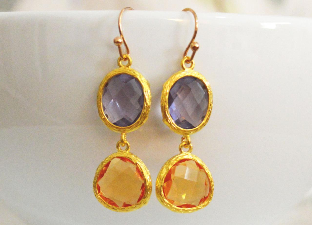 Glass Drop Earrings, Tanzanite & Topaz Drop Earrings, Dangle Earrings, Gold Plated Earrings/bridesmaid Gifts/everyday Jewelry/