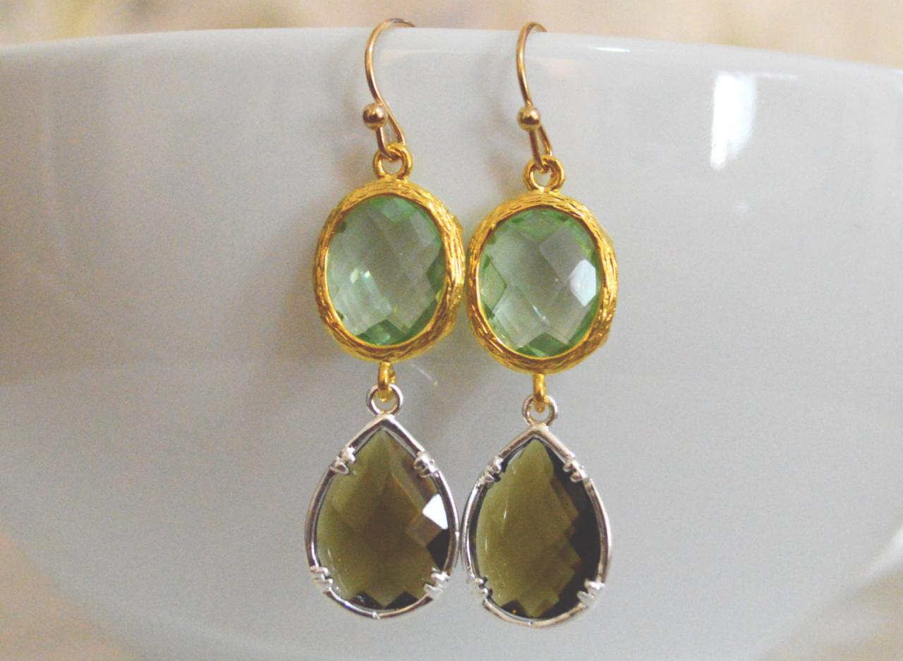 SALE10%) B-026 Glass earrings, Light green&morion drop earrings, Dangle earrings, Gold and Silver plated/Bridesmaid gifts/Everyday jewelry/