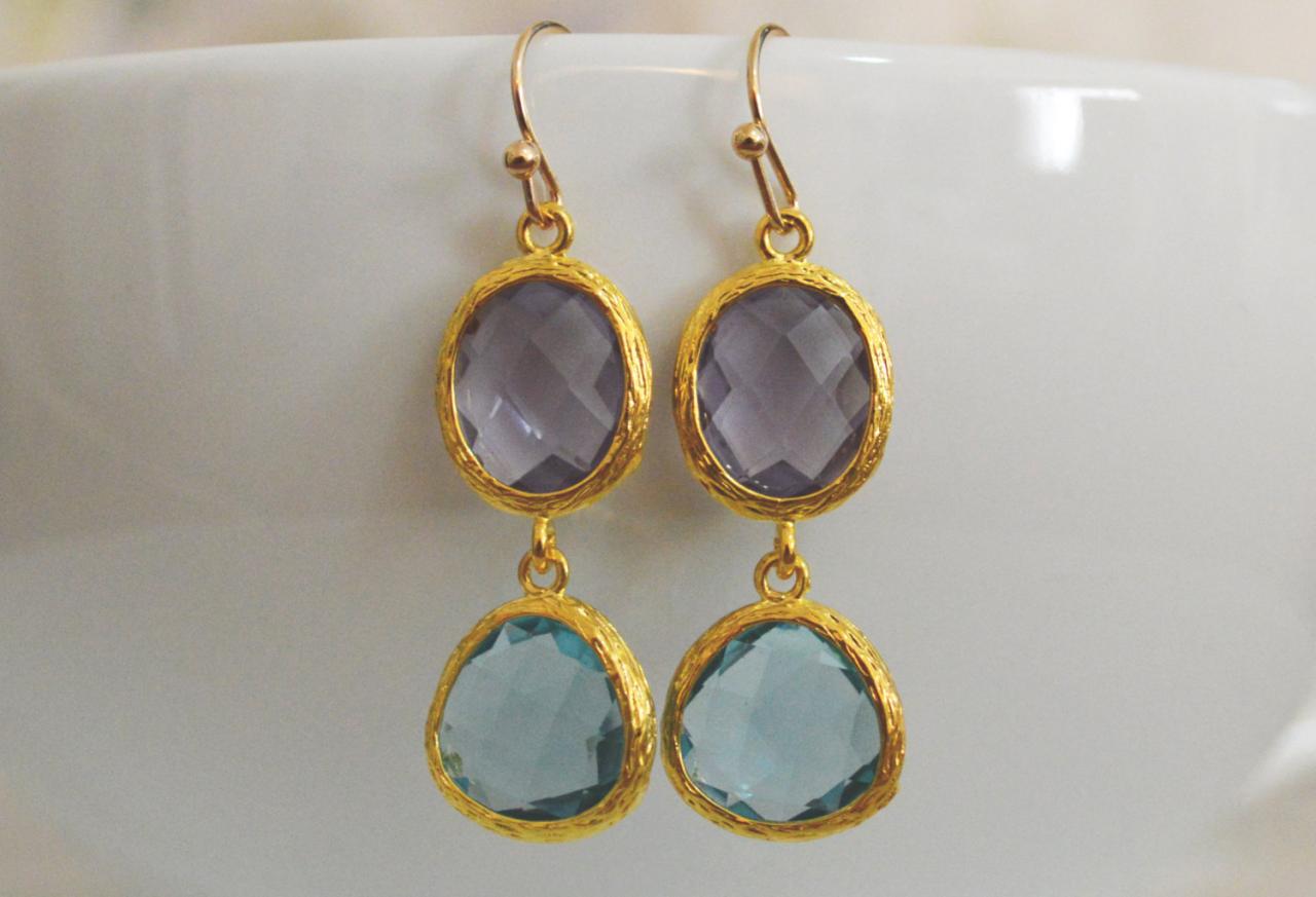 Glass Drop Earrings, Amethyst & Aquamarine Drop Earrings, Dangle Earrings, Gold Plated Earrings/bridesmaid Gifts/everyday Jewelry/