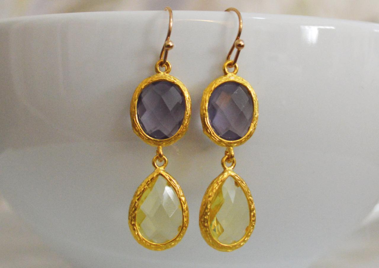 Glass Drop Earrings, Amethyst & Lemon Yellow Drop Earrings, Cz Dangle Earrings, Gold Plated/bridesmaid Gifts/everyday Jewelry/