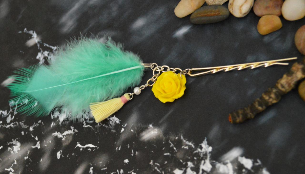 Sale10%) D-007 Tropic Green Hackle Hen Feather Extension, Yellow Flower Cabochon With Lemon Yellow Tassel Hairpin, Silver Plated Hairpin/