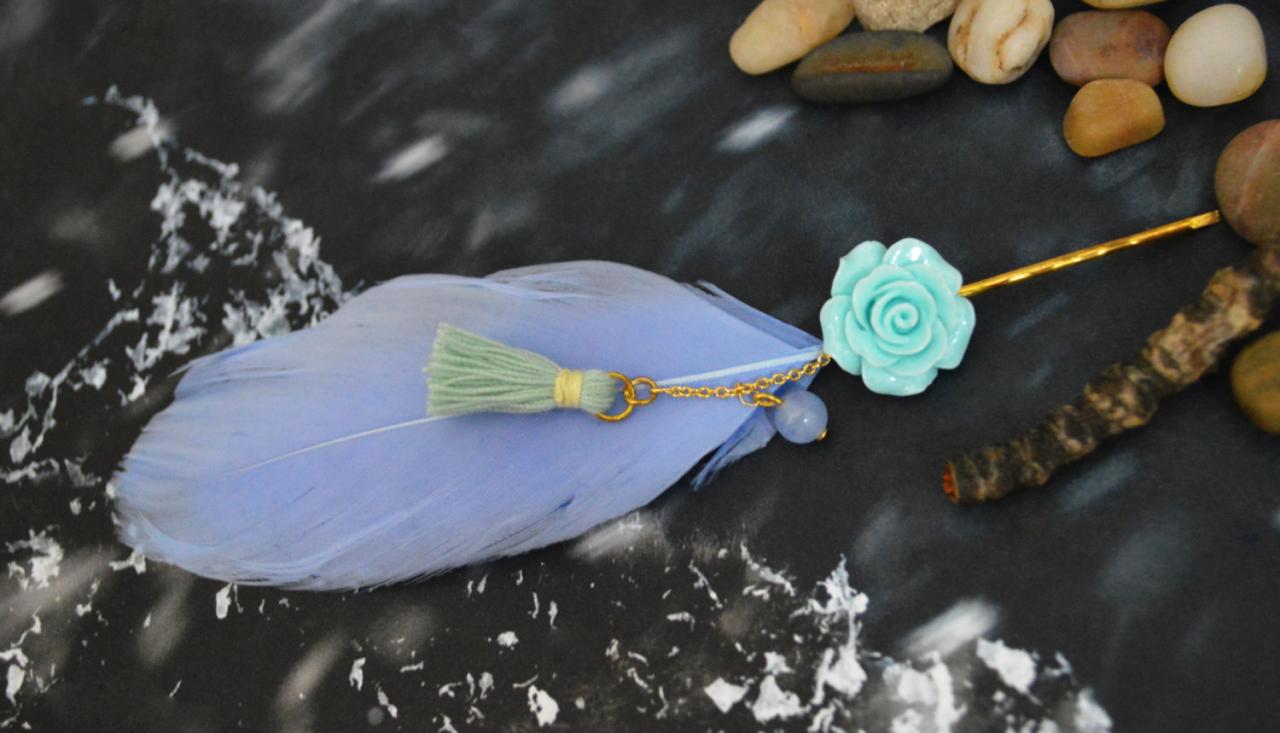Sale10%) D-003 Sky Blue Goose Feather Extension, Blue Flower Cabochon With Mint Tassel Hairpin, Gold Plated Hairpin/everyday Accessory/