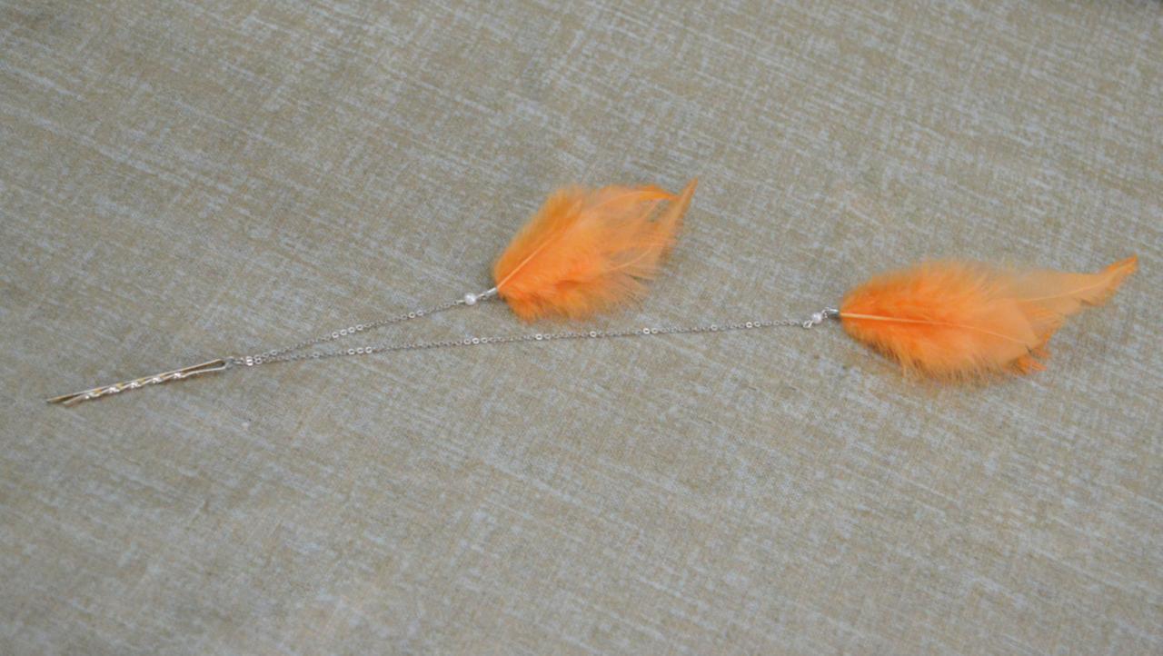 Sale10%) D-006 Pale Orange Feather Extension, Hackle Hen Feather Hairpin, Lovely Hairpin, Silver Plated Hairpin/ Everyday Accessory/