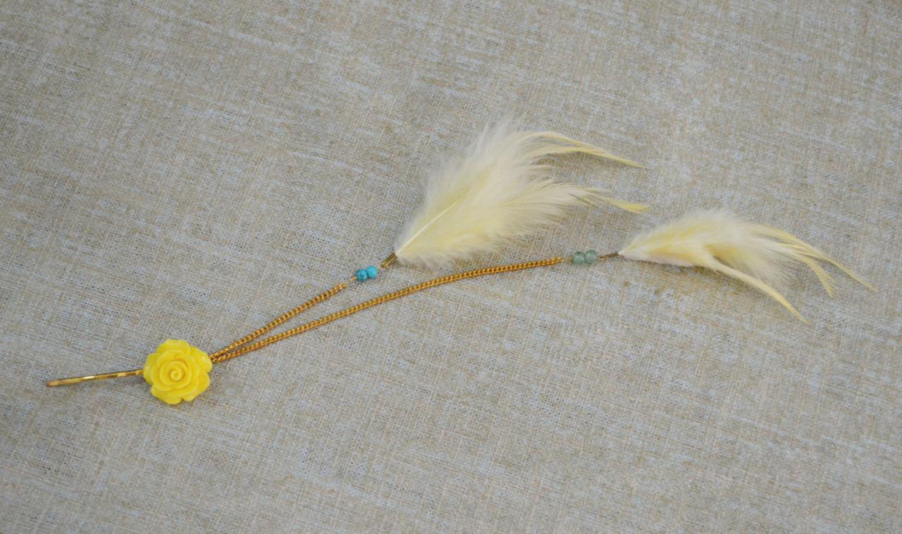 Sale10%) D-005 Yellow Feather With Turquoise Extension, Yellow Cabochon Hairpin, Lovely Hairpin, Gold Plated Hairpin/everyday Accessory/