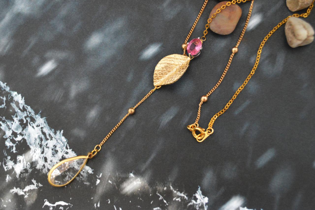 Sideways Leaf Necklace, Bezel Set Crystal Drop Necklace, Gold Plated Ball And Flat-o Chain/bridesmaid Gifts/