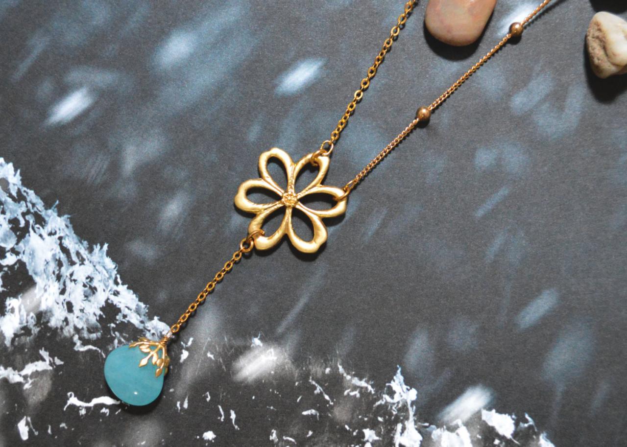 Flower Pendant Aqua Drop Necklace, Gold Plated Ball And Flat-o Chain/bridesmaid Gifts/everyday Jewelry/