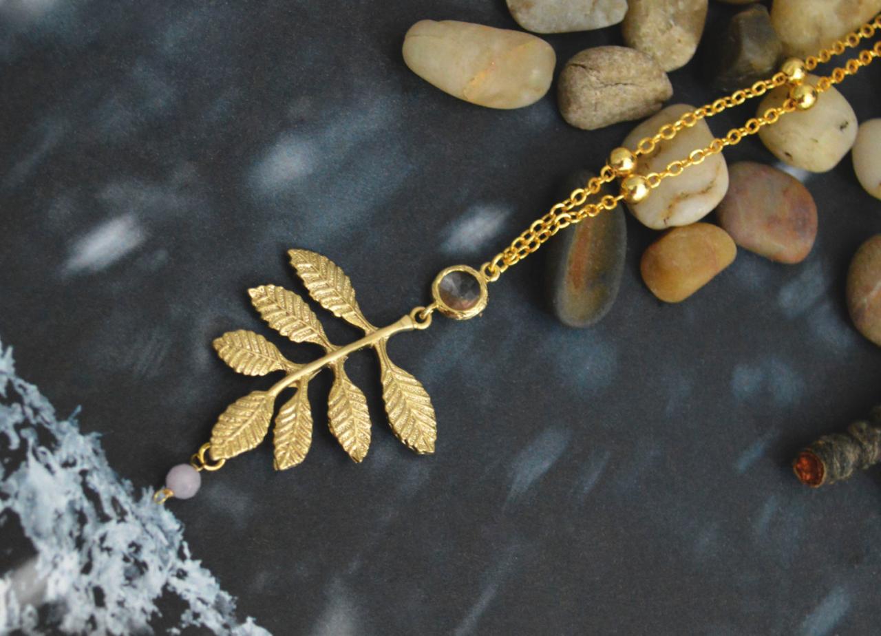 Leaf Necklace, Glass Necklace, Elegant Necklace, Modern Necklace, Gold Plated Ball Chain/bridesmaid Gifts/everyday Jewelry/