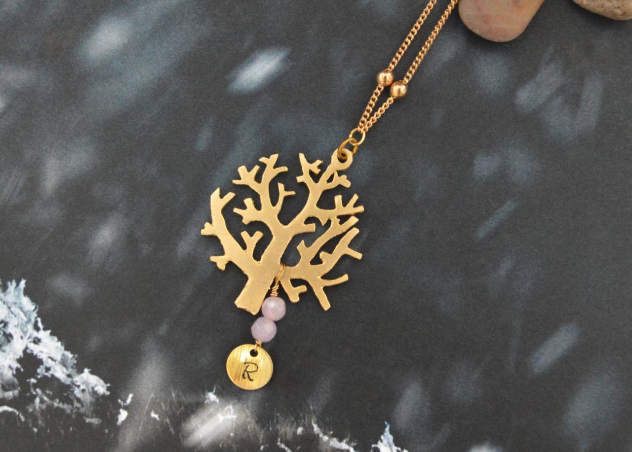 Initial Disc Necklace, Tree Necklace, Gold Plated Ball Chain/bridesmaid/everyday Jewelry/